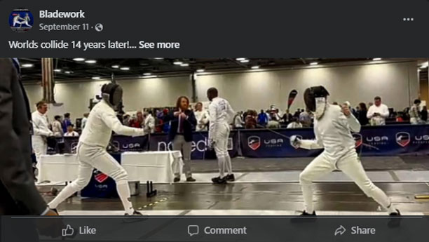 Two fencers compete at a national championship.